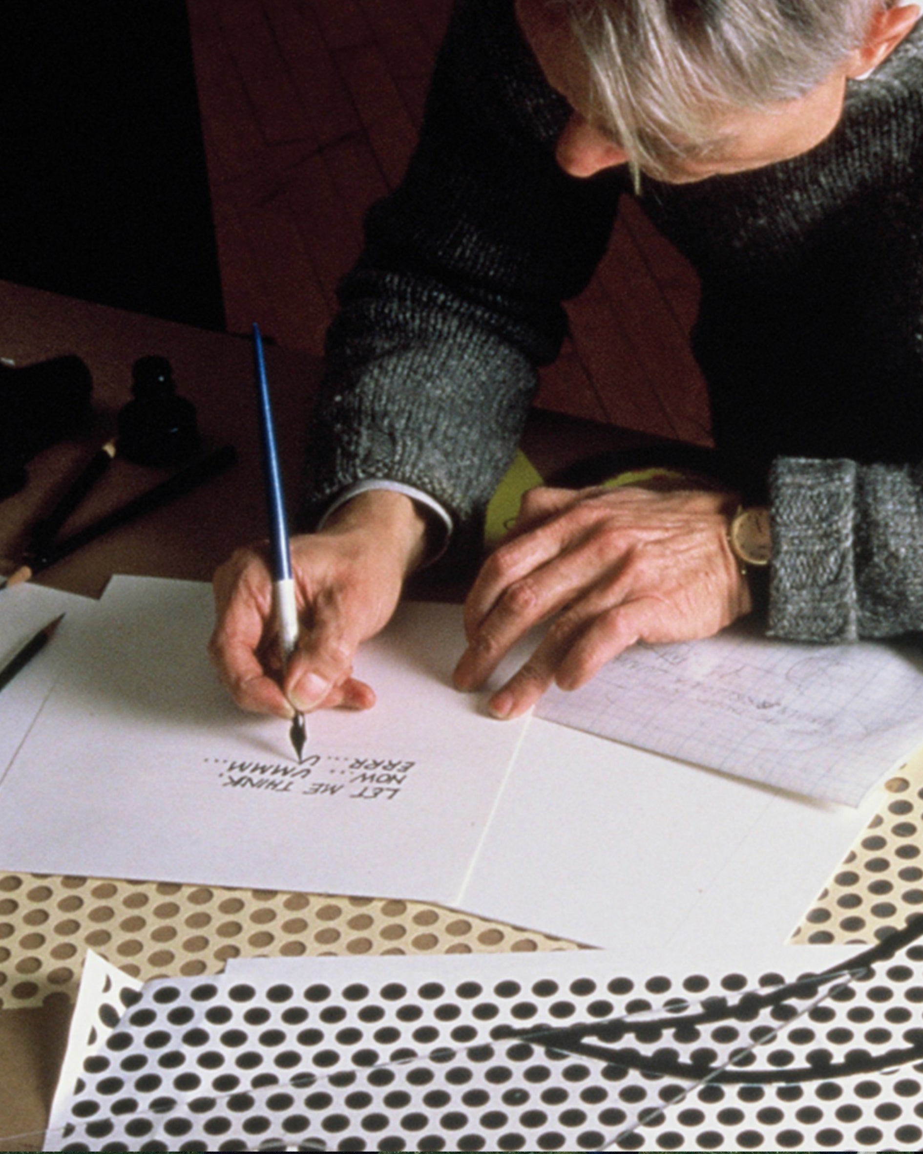 Archival Roy Lichtenstein Crewneck. Archival photograph of Roy Lichtenstein working on the Luna Luna moon design